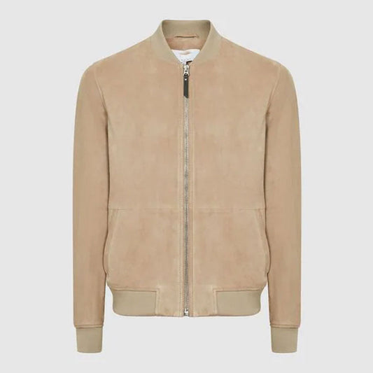 Men Brown Suede Leather Bomber Jacket