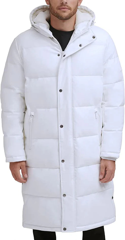 Men White Puffer Trench Leather Coat
