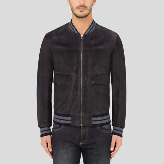 Black Suede Leather Bomber Jacket for Men