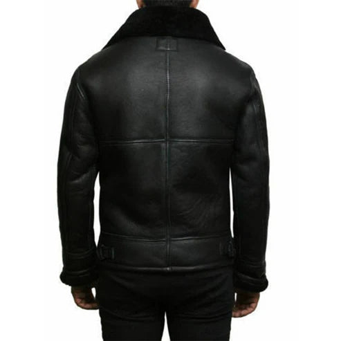 Men Black Aviator Leather Jacket with Fur Collar