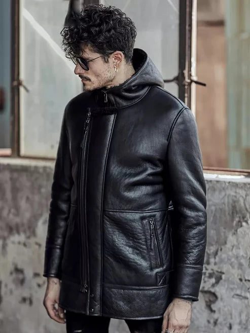 Men Hooded Shearling Leather Coat