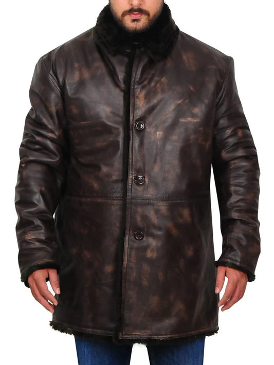 Premium Men’s Distressed Brown Leather Jacket with Fur Collar
