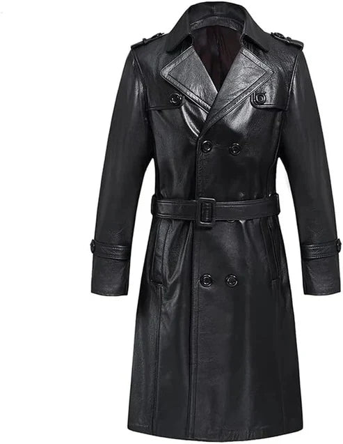 Men Belted Leather Trench Coat