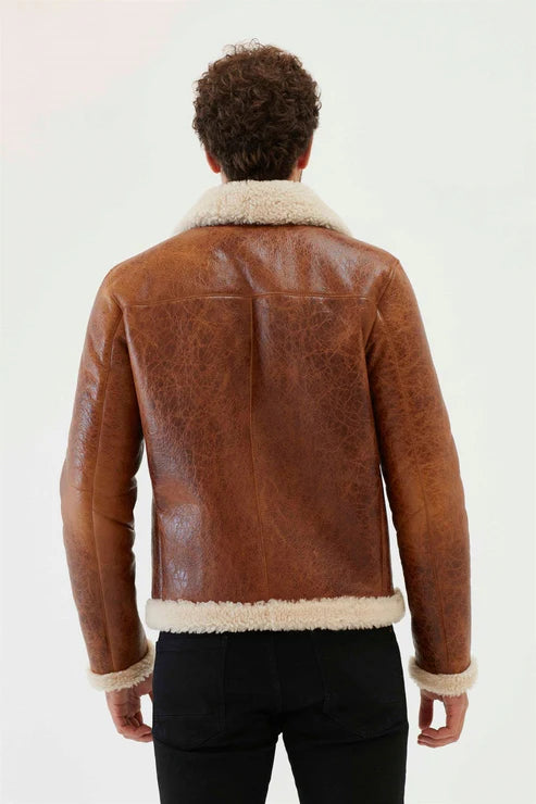 Men Tan & Off White Aviator Shearling Jacket