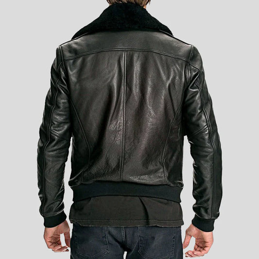 Mens Black Air Force Leather Bomber Jacket Fur Collar