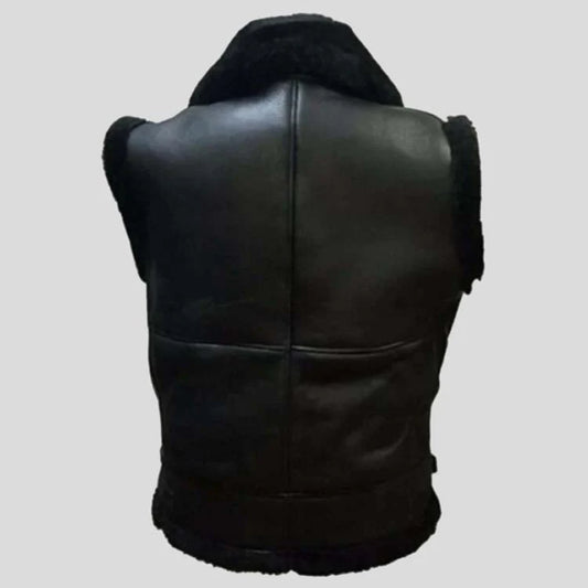 Mens Black B3 Bomber Fur Shearling Sheepskin Leather Vest