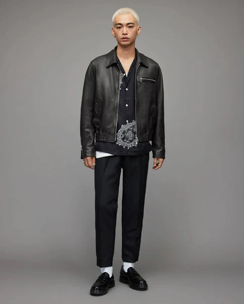 Men Black Leather Bomber Jacket
