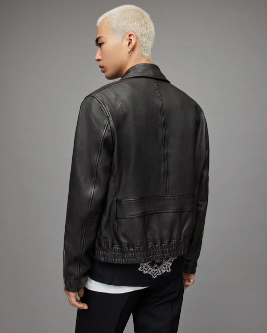 Men Black Leather Bomber Jacket