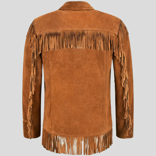 Men’s Tan Classic Western Fringe Real Suede Jacket
