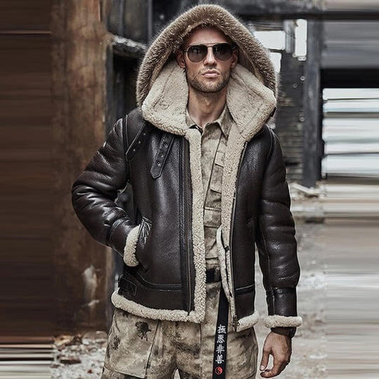Men Brown Hooded B3 Sheepskin Jacket