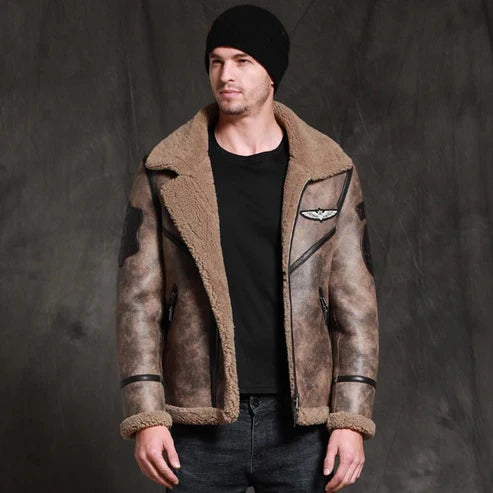 Men RAF B3 Waxed Sheepskin Jacket Brown