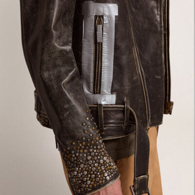 Mens Brown Studded Distressed Leather Jacket