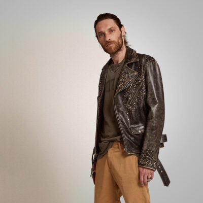 Mens Brown Studded Distressed Leather Jacket
