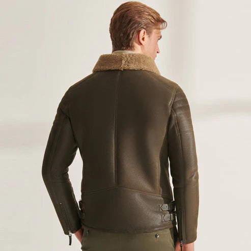 Men Green RAF Shearling Airforce Sheepskin Aviator Jacket