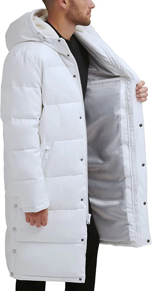 Men White Puffer Trench Leather Coat