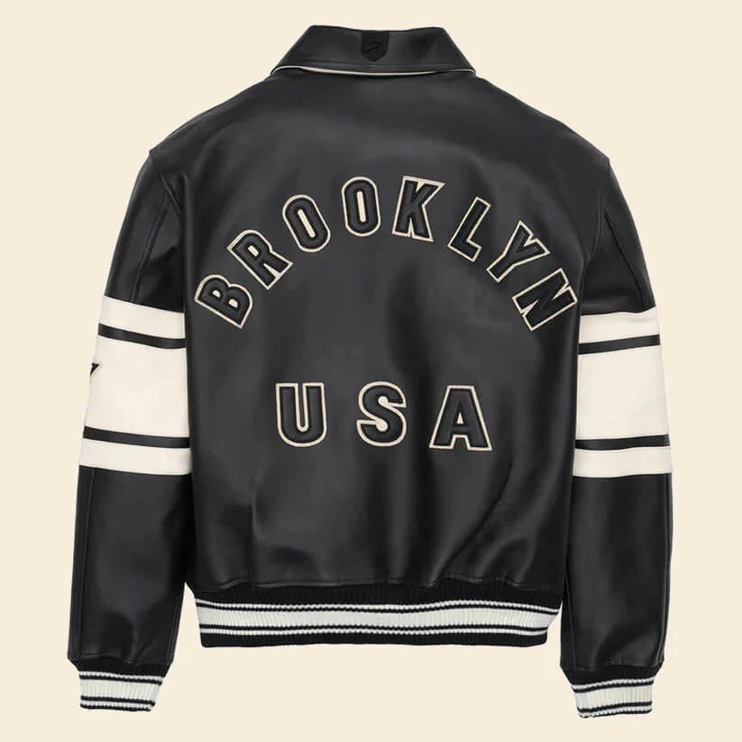 New Black & White Letterman Brooklyn Leather Jacket