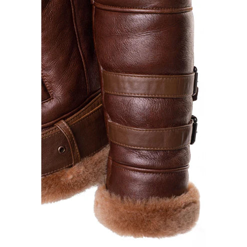 Phan Brown Aviator Bomber Shearling Jacket with Waist Belt