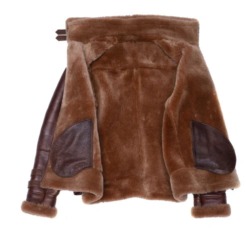 Phan Brown Aviator Bomber Shearling Jacket with Waist Belt