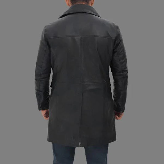 Shelby Men’s Four-Pocket Black Leather Trench Coat