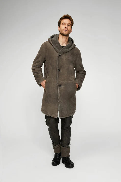 Men gray sheepskin leather coat with hood