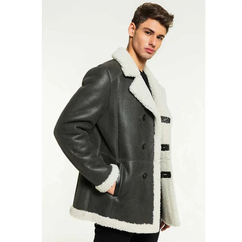 Men white fur sheepskin leather coat black