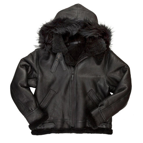 Men Black B3 Hooded Shearling Bomber Jacket