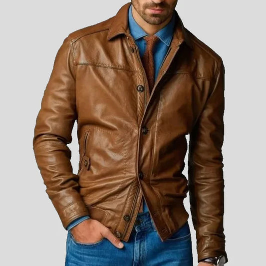 Men Brown Leather Bomber Jacket