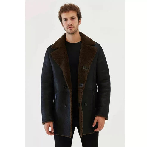 Men Dark Brown Shearling Leather Coat