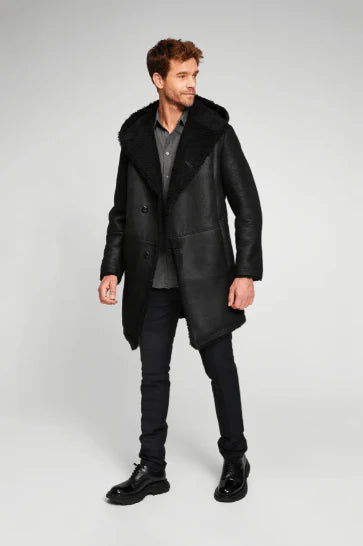 Men black hooded shearling leather coat
