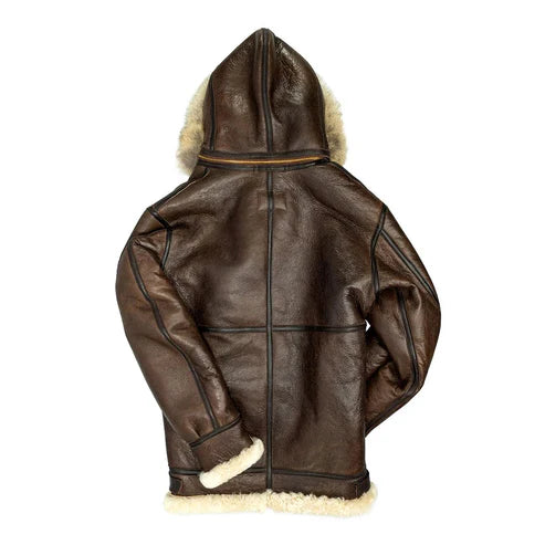 Men Dark Brown Hooded Shearling B3 Bomber Jacket