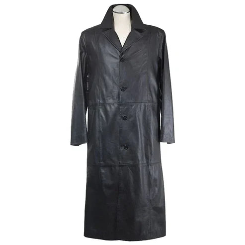Men Long Black Leather Trench Coat