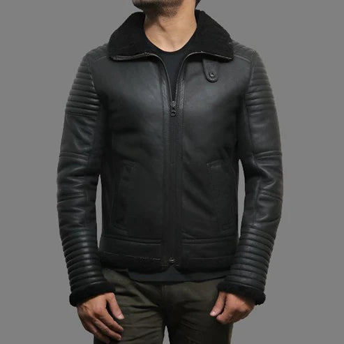 Men Black Sheepskin Shearling Flying Jacket