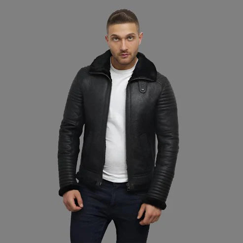 Men Black Sheepskin Shearling Flying Jacket