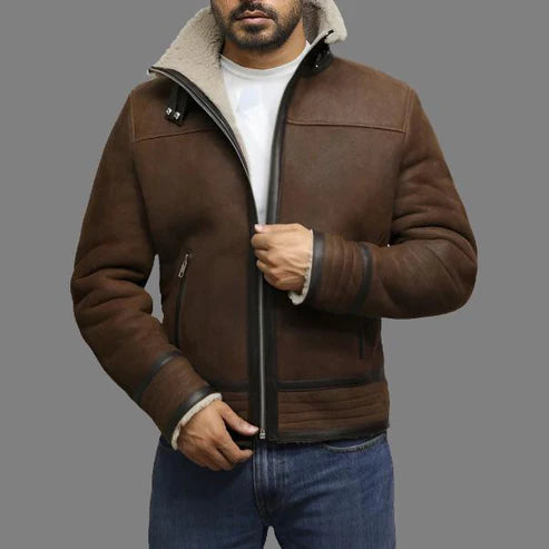 Men Brown Shearling Sheepskin Leather Jacket Vintage