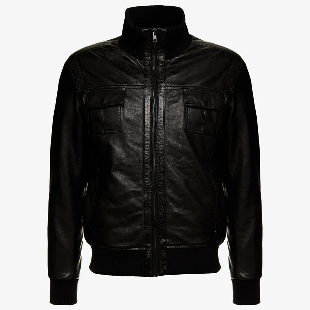 Men’s Black Leather Bomber Jacket