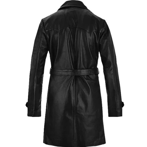 Men Black Double-Breasted Leather Trench Coat