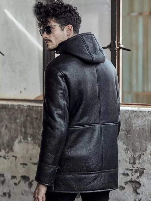 Men Hooded Shearling Leather Coat