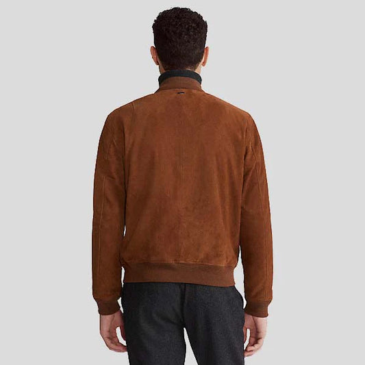 Men's Dark Brown Suede Leather Bomber Jacket