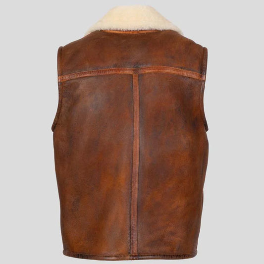 Mens Distressed Brown Shearling Fur Sheepskin Leather Vest