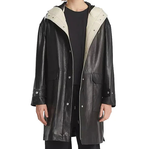 Men Black Hooded Leather Trench Coat