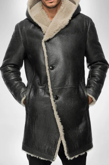 Men black shearling coat with hood