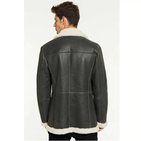 Men white fur sheepskin leather coat black