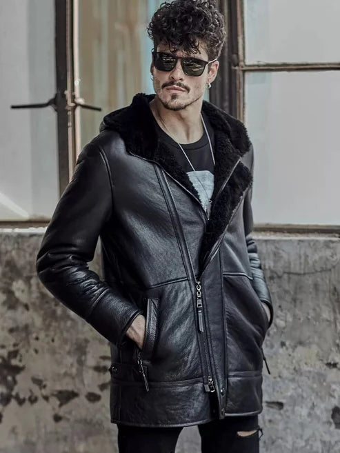 Men Hooded Shearling Leather Coat