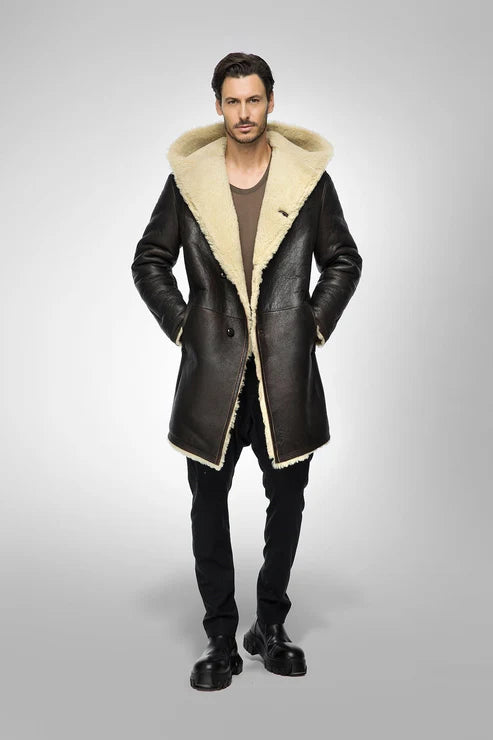 Men Black Hooded Sheepskin Shearling Coat
