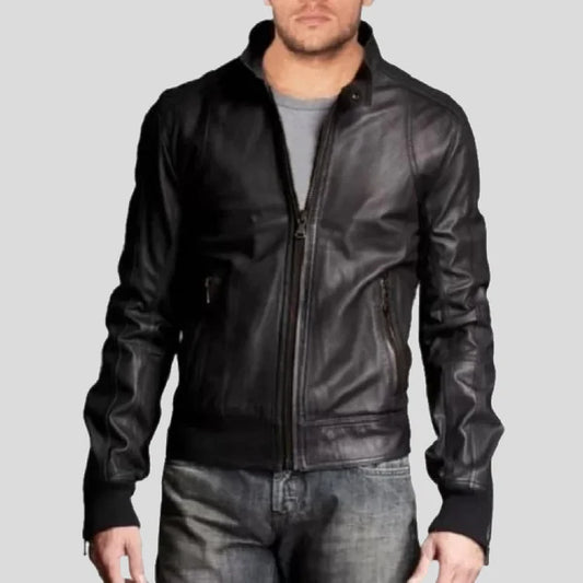 Men Leather Bomber Jacket with Stand Collar