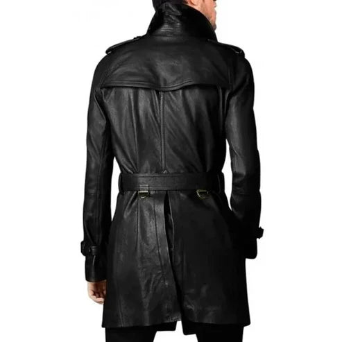 Men Black Vintage Long Leather Coat