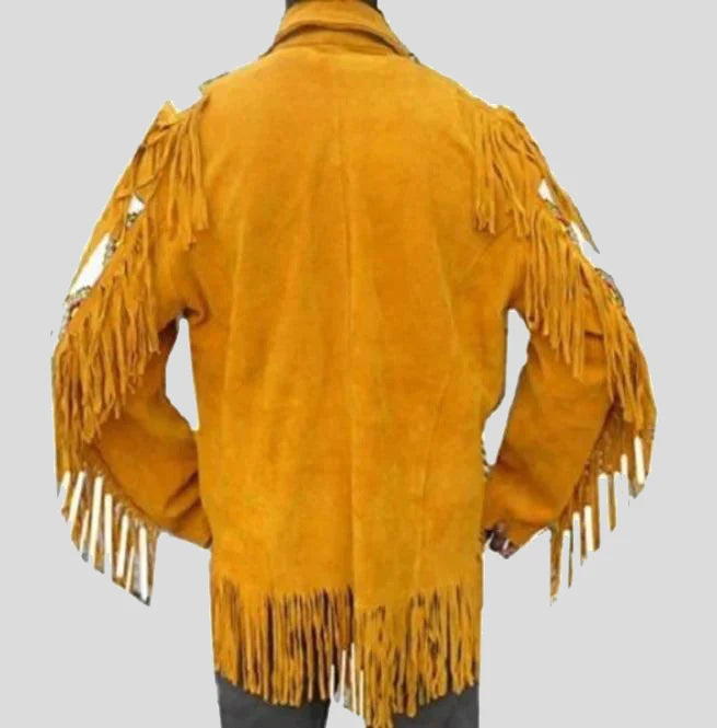 Western Men Cowboy Suede Jacket - Tan with Fringes