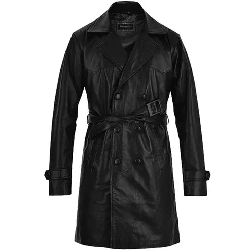 Men Black Double-Breasted Leather Trench Coat