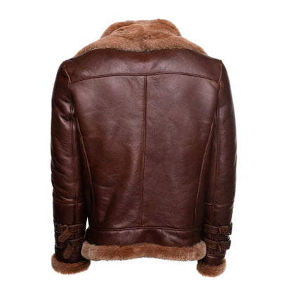 Phan Brown Aviator Bomber Shearling Jacket with Waist Belt