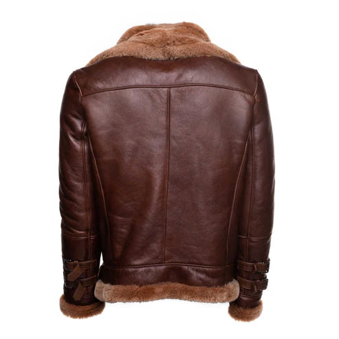 Phan Brown Aviator Bomber Shearling Jacket with Waist Belt